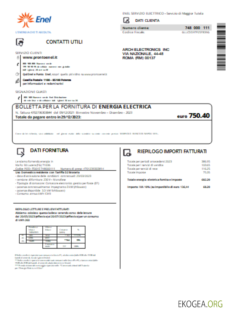 Facture commerciale du service public d'électricité Enel, SCR template